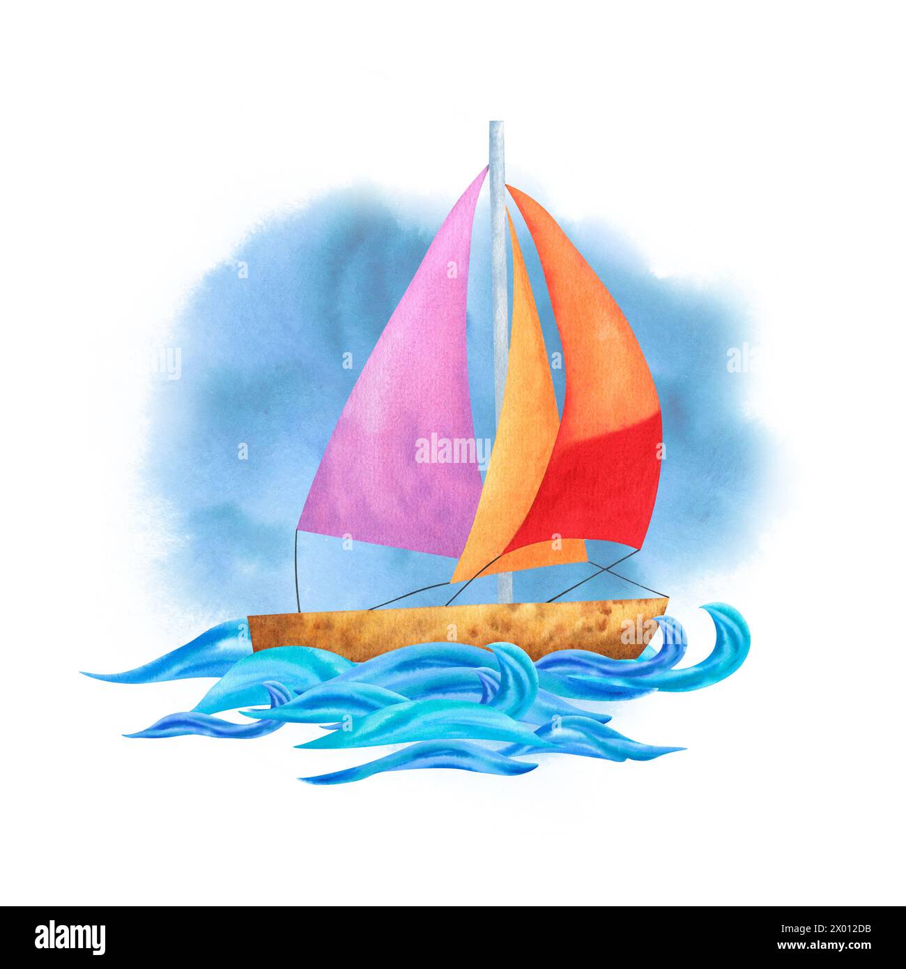 Composition marine sur fond blanc. Bateau de mer, yacht de sport sur les vagues avec fond d'aquarelle. Illustration aquarelle pour la conception de SO Banque D'Images