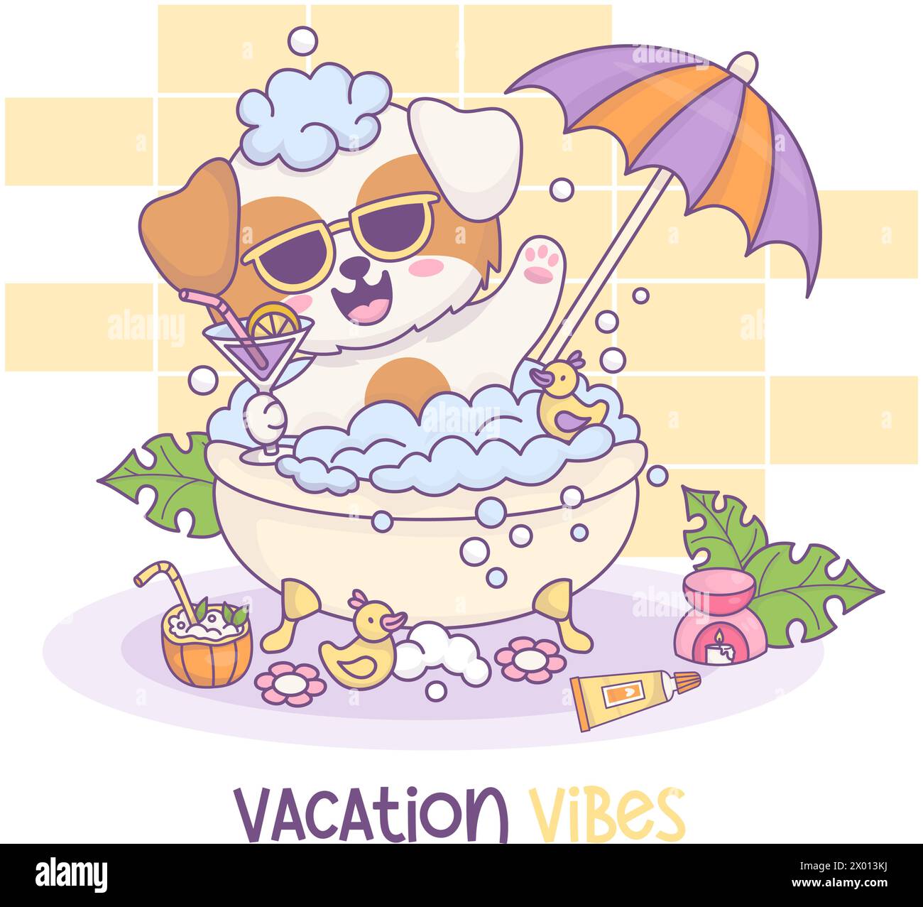 Charmant chien de dessin animé détendu portant des lunettes de soleil trempé dans un bain moussant avec boisson, sous un parasol. Ambiance de vacances ensoleillée fantaisiste à la maison dans Illustration de Vecteur