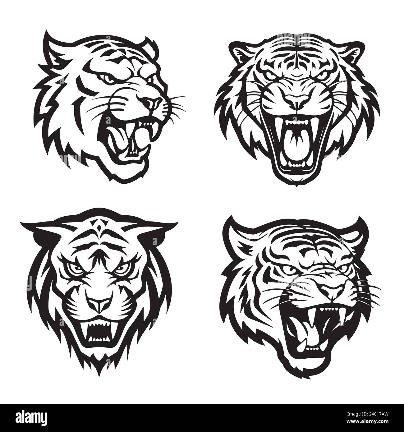 Ensemble de têtes de tigre à bouche ouverte et crocs dénudés, avec différentes expressions en colère du museau. Symboles pour tatouage, emblème ou logo, isolé sur fond blanc. Illustration de Vecteur