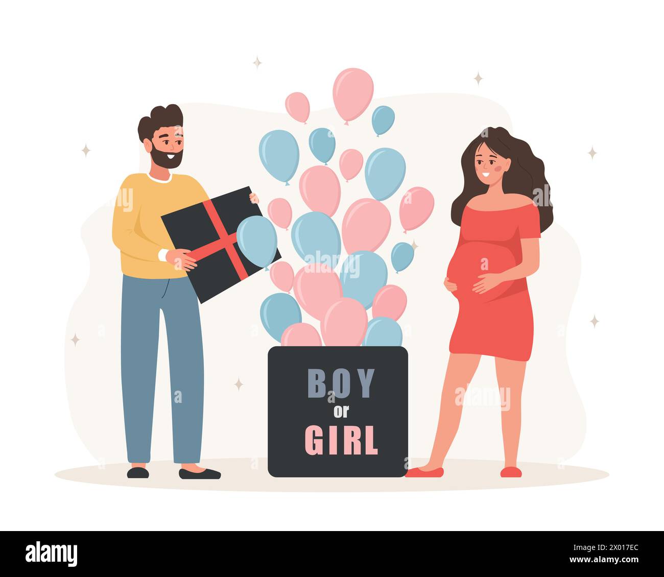 Fête de révélation du genre. Ce jumeaux. Boîte cadeau surprise ouverture couple avec inscription garçon ou fille. Famille en attente d'enfants à naître. Bleu et rose Illustration de Vecteur