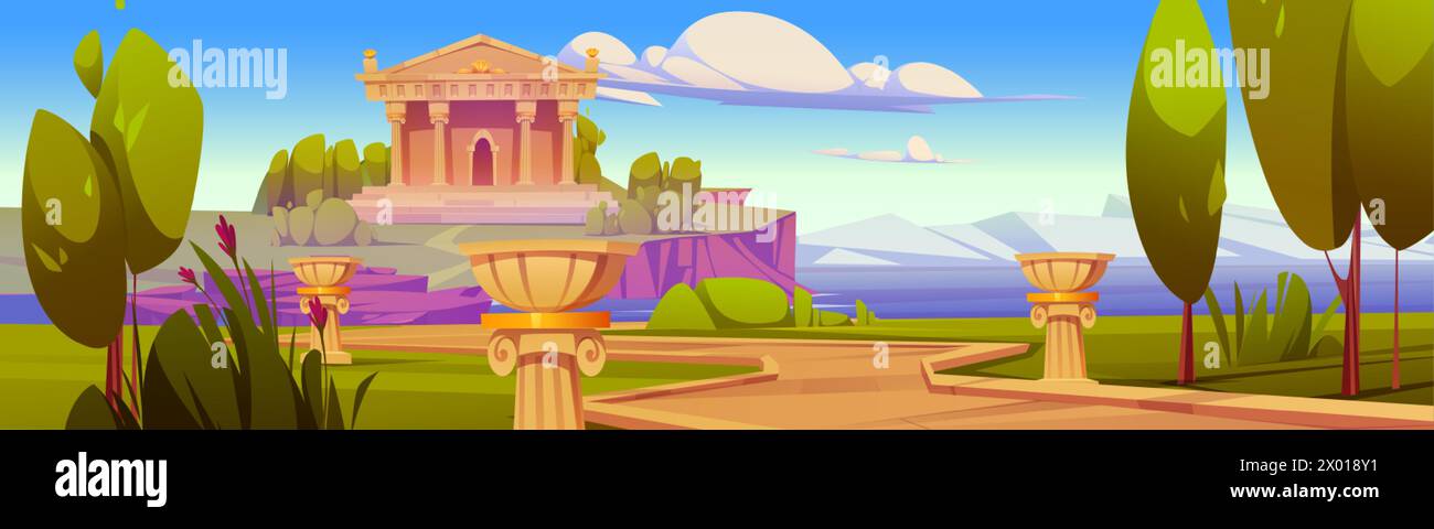 Ancien bâtiment grec du panthéon avec des colonnes et des escaliers, sentier de promenade et herbe verte et arbre sur la journée ensoleillée d'été sous les nuages sur le ciel bleu. Temple romain Illustration de Vecteur