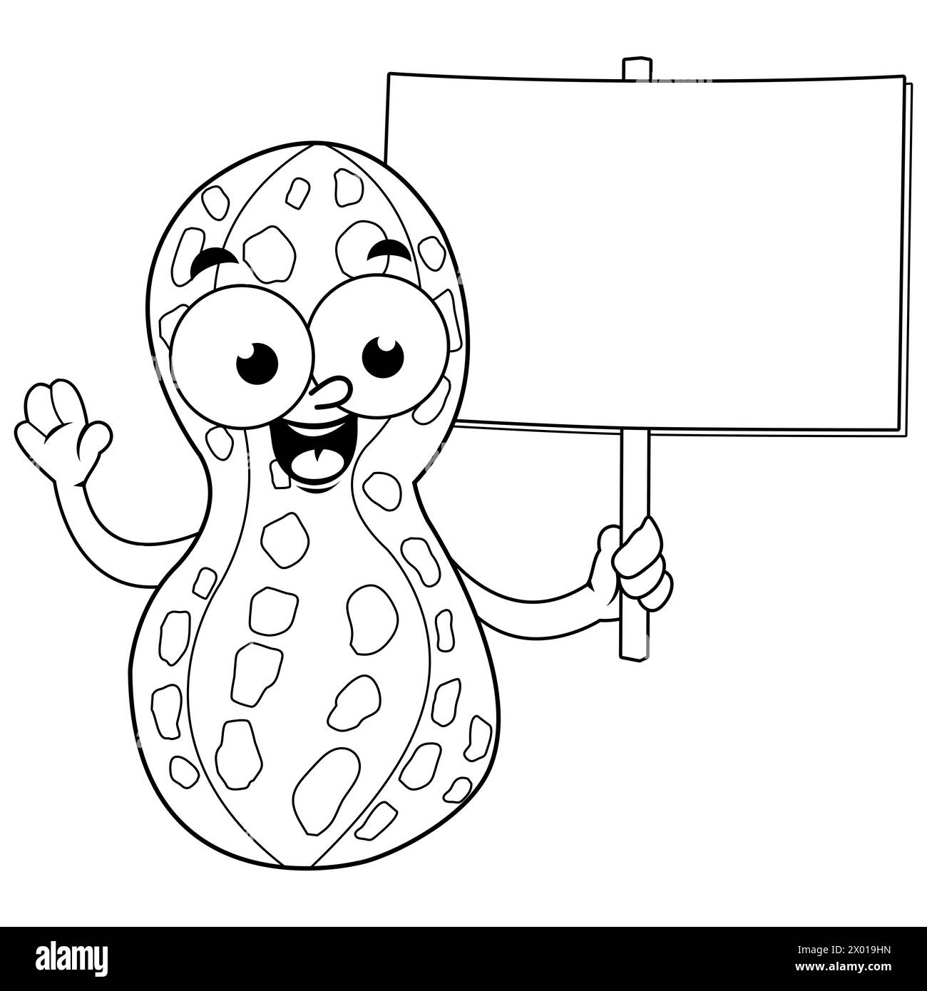 Un personnage de cacahuète de dessin animé heureux tenant un signe blanc. Coloriage noir et blanc Banque D'Images
