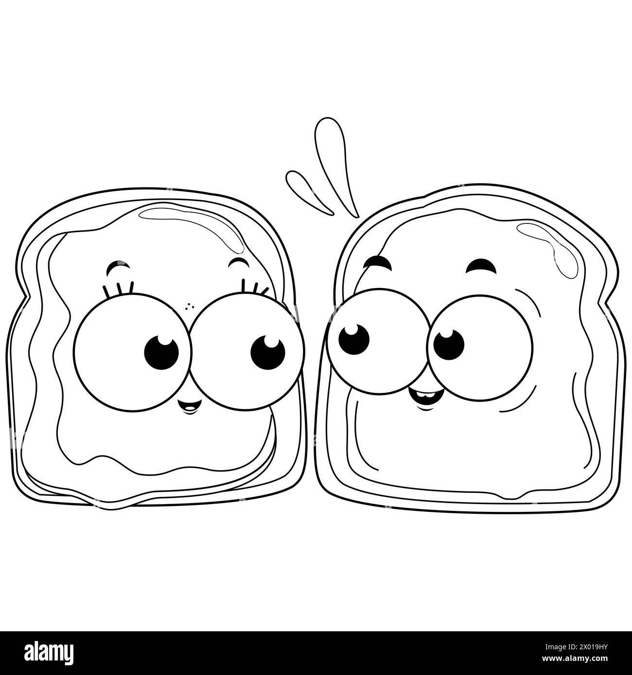 Tranches de pain de dessin animé avec beurre d'arachide et gelée. Coloriage noir et blanc Banque D'Images