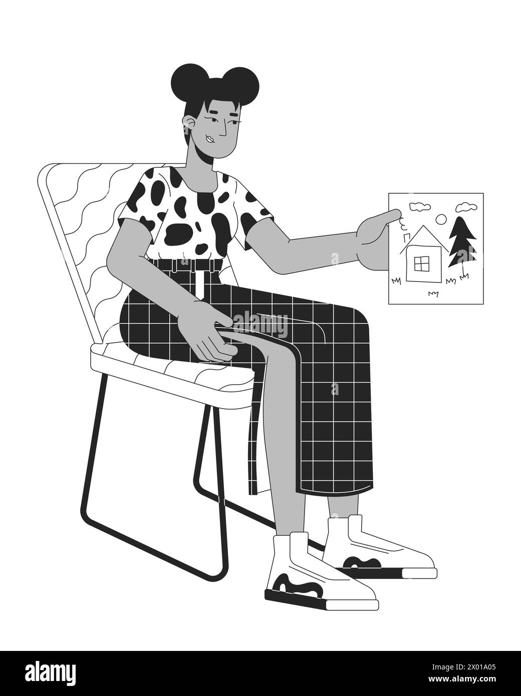 Femme afro-américaine avec enfant dessinant noir et blanc 2D dessin animé Illustration de Vecteur