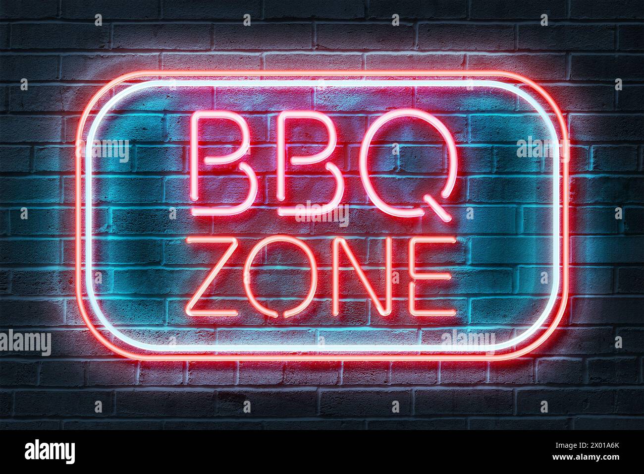 BBQ zone Neon Sign illustration 3D sur un fond de brique sombre. Banque D'Images