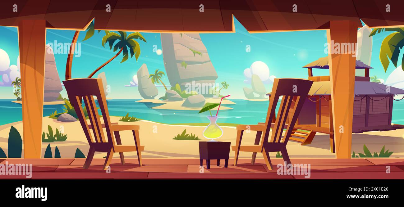 Terrasse en bois avec deux chaises et cocktail en verre sur le rivage de la mer ou de l'océan avec de grands rochers et des palmiers. Concept de vacances de plage tropicale d'été de vecteur de dessin animé avec patio d'hôtel ou de bungalow. Illustration de Vecteur