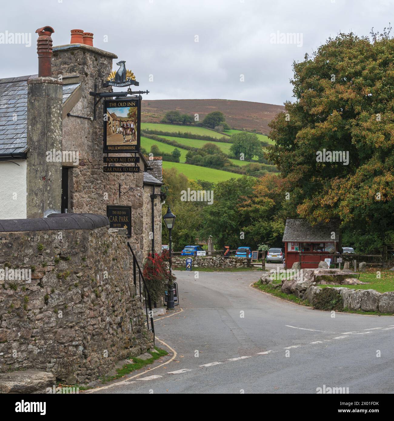 Le Old Inn et le village vert dans le centre de Widecombe dans le Moor, Dartmoor, Devon, Angleterre, Royaume-Uni Banque D'Images