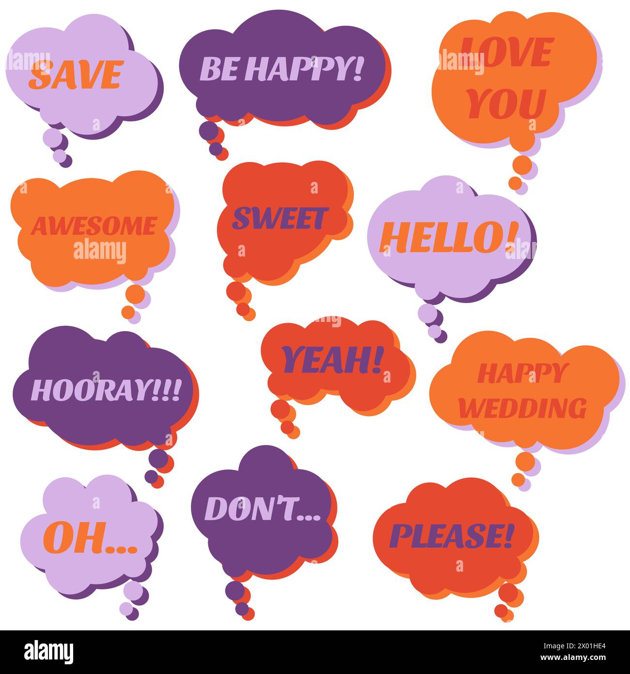 Ensemble de bulles de parole sur un fond blanc avec différentes inscriptions au milieu. Bulles de discours avec des phrases courtes. Illustration vectorielle. Illustration de Vecteur
