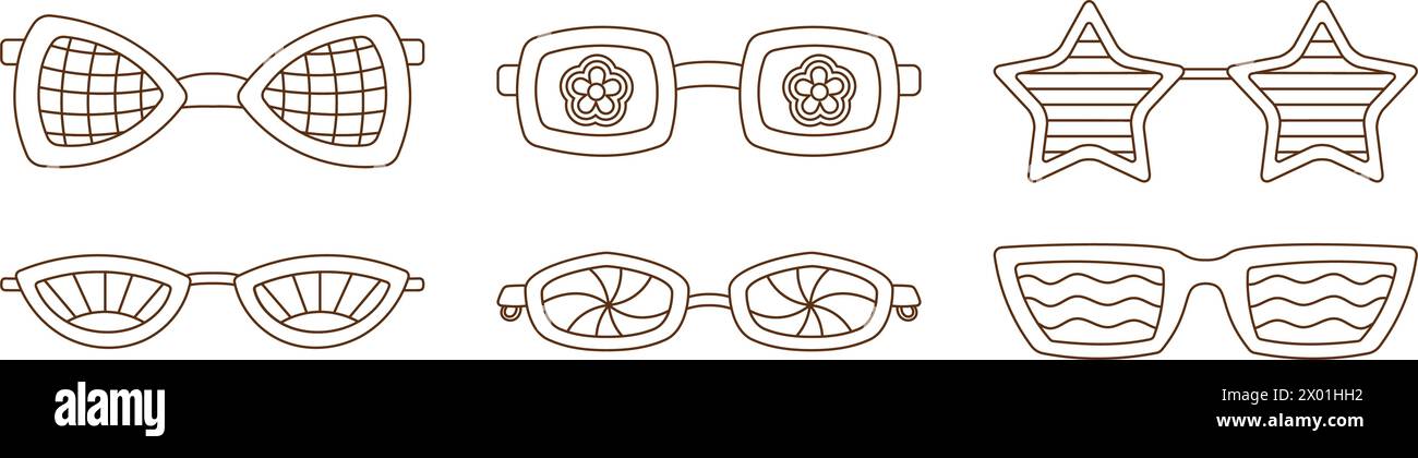 Collection de lunettes de soleil rétro Groovy avec différents modèles de style de contour noir et blanc. Ensemble Vibe des années 1970 Illustration de Vecteur