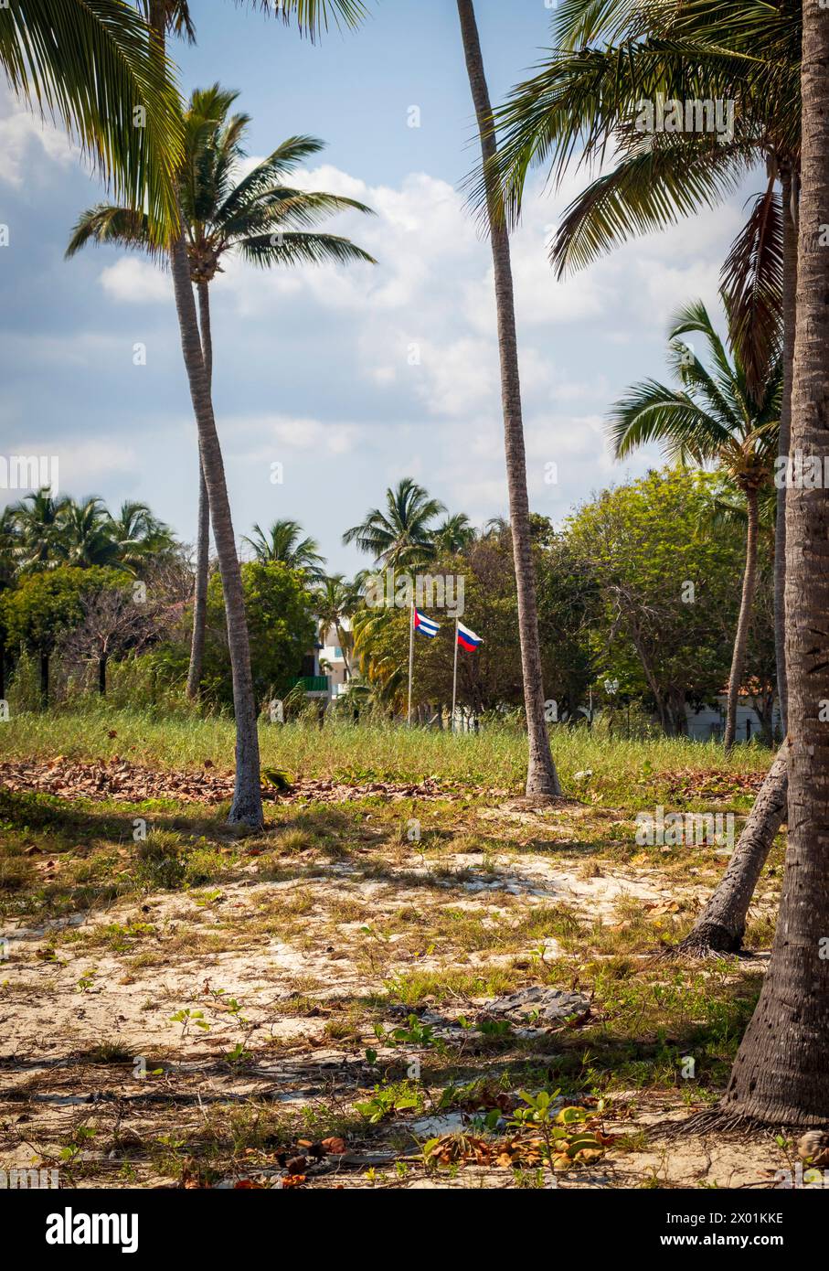 Plan des drapeaux russe et cubain flottant sur le vent Banque D'Images