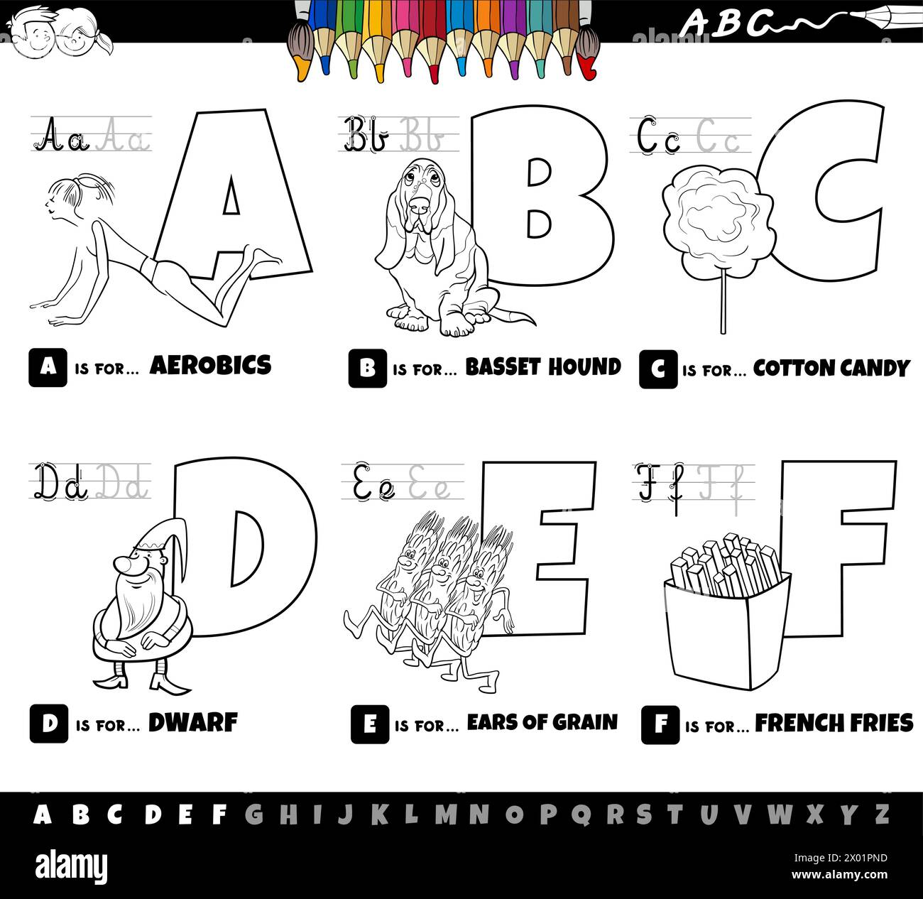 Dessin animé noir et blanc représentant des lettres majuscules de l'alphabet kit éducatif pour la pratique de la lecture et de l'écriture pour les enfants de Couleur a à F Illustration de Vecteur
