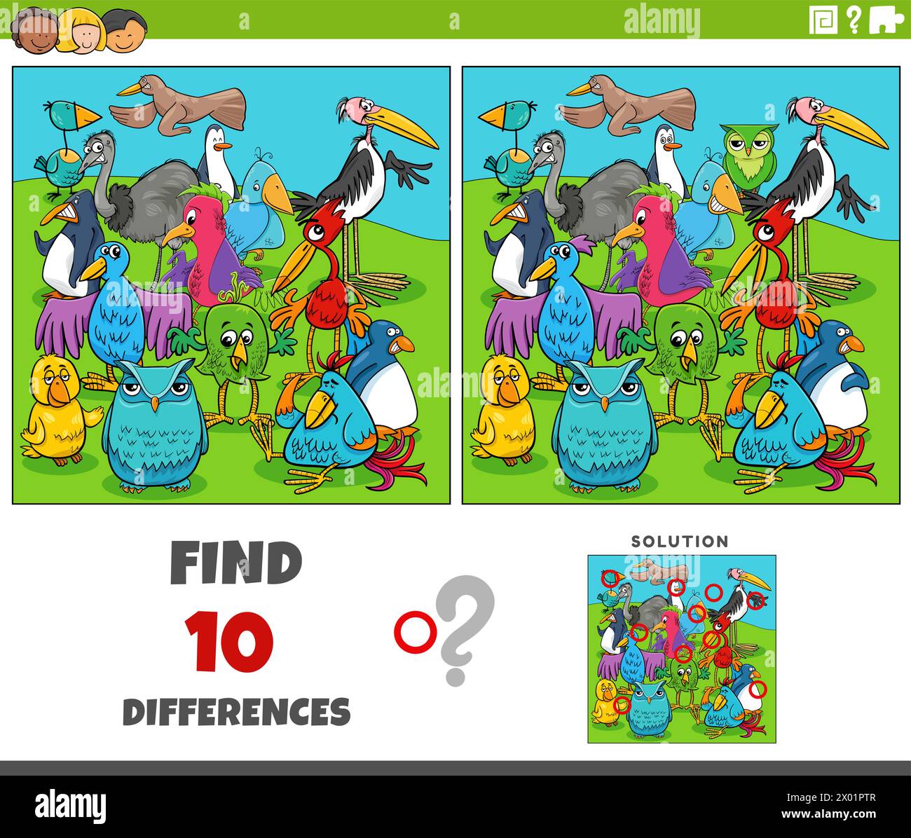 Illustration de dessin animé de trouver les différences entre les images activité éducative avec des personnages d'animaux d'oiseaux Illustration de Vecteur