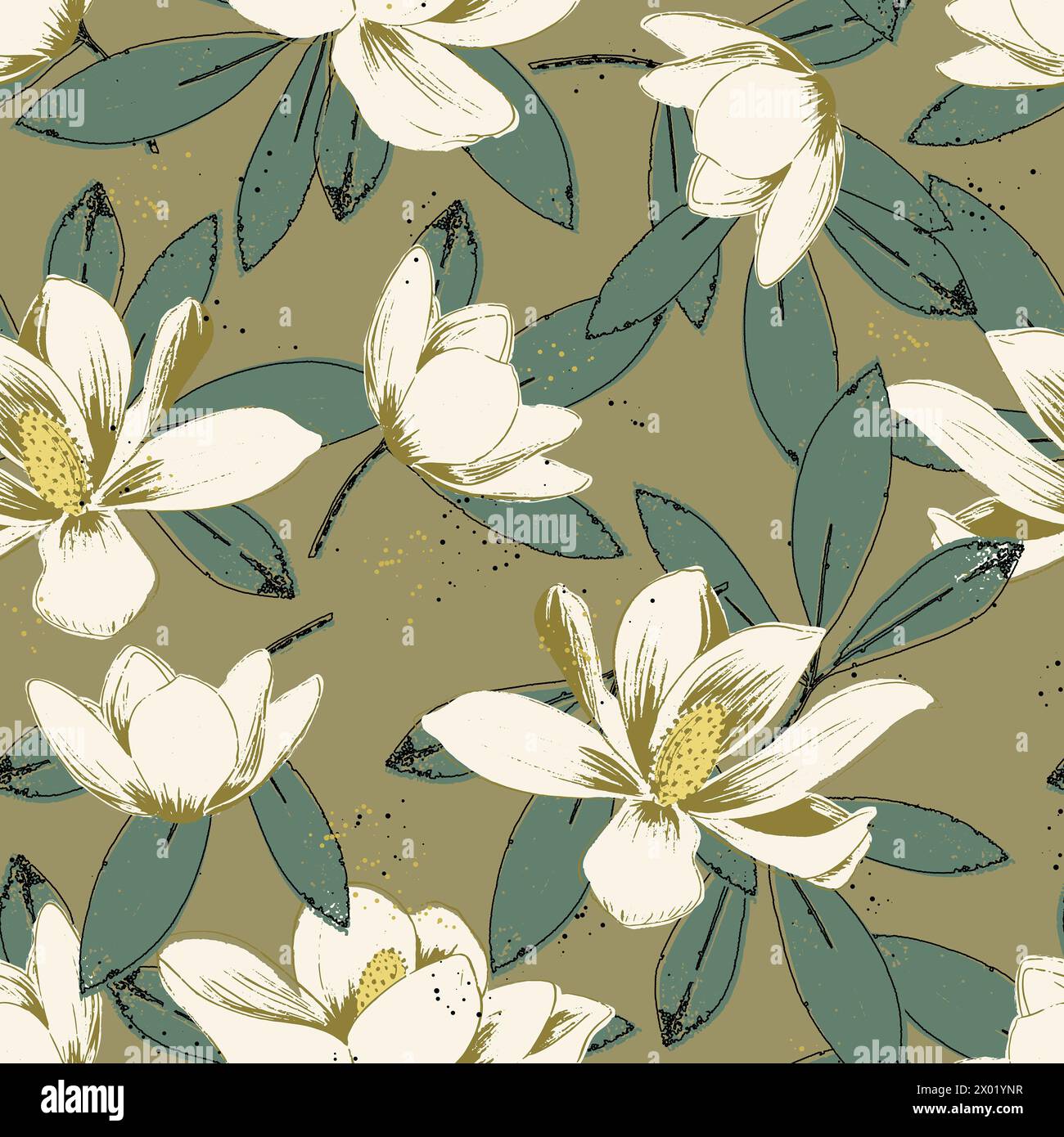 Motif floral sans couture dans des couleurs chaudes avec des fleurs et des feuilles de magnolia blanc Banque D'Images