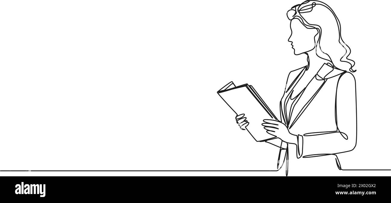 dessin simple continu de femme d'affaires tenant le dossier de fichier, illustration vectorielle d'art au trait Illustration de Vecteur