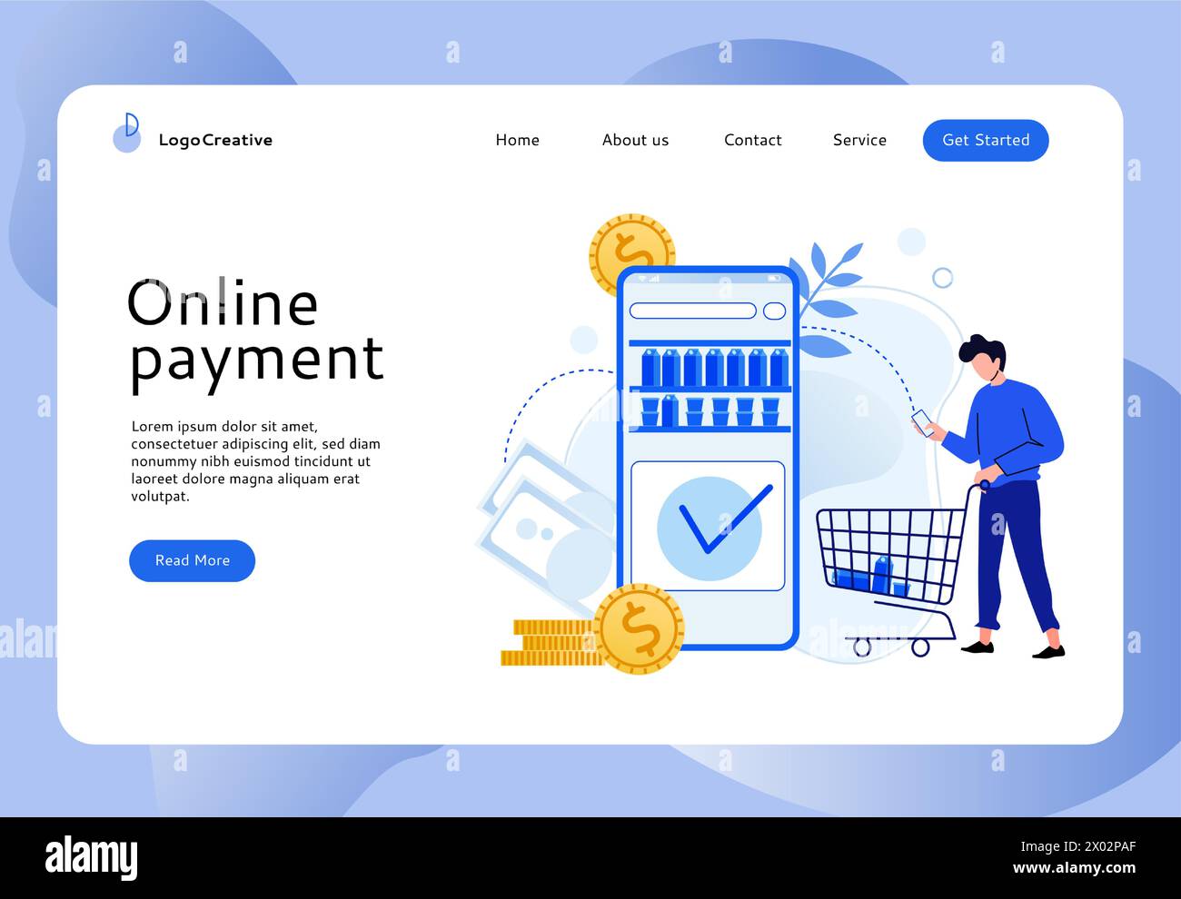 Page d'accueil des achats en ligne, payez et achetez depuis votre smartphone Illustration de Vecteur