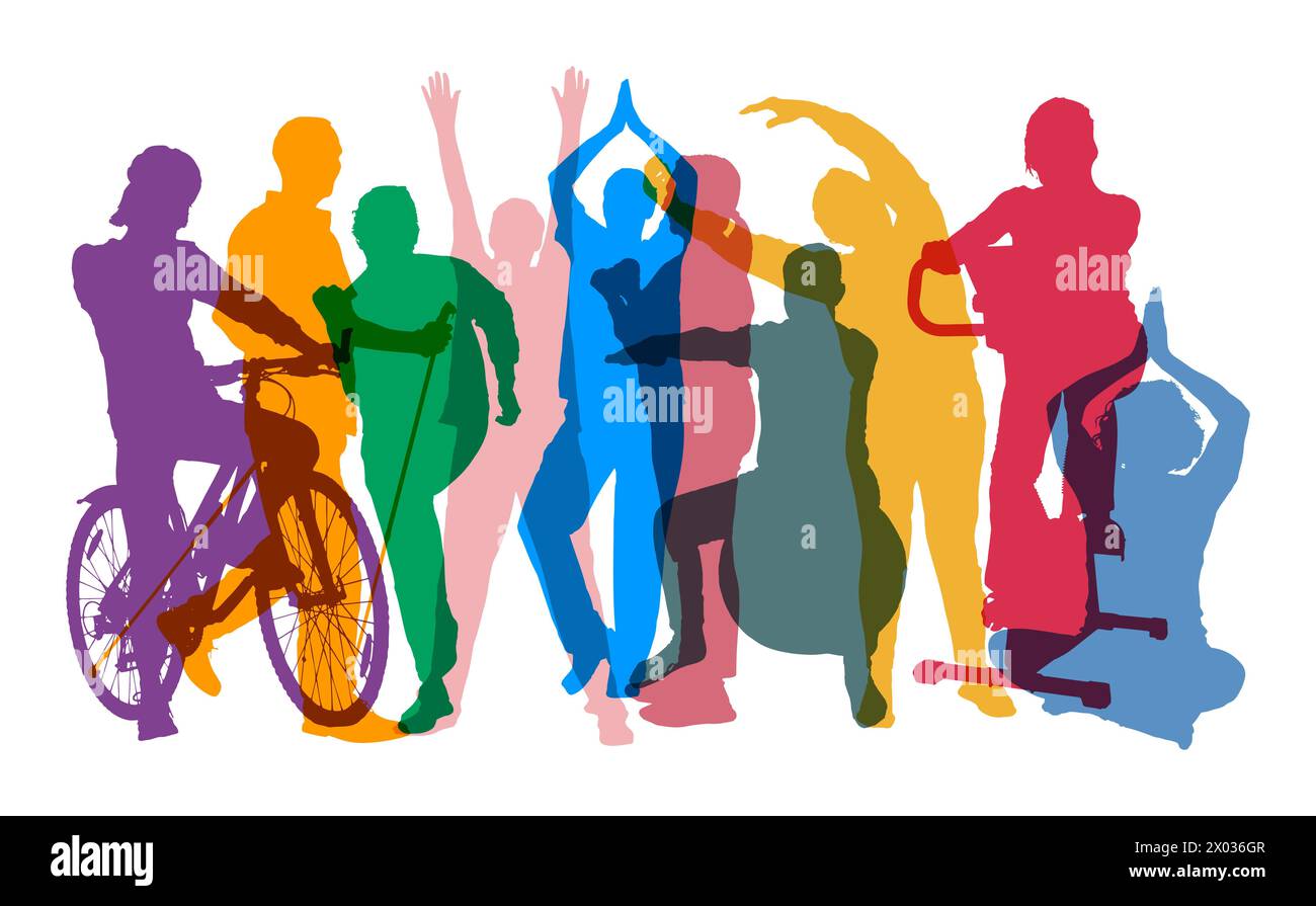 Silhouettes colorées de personnes âgées faisant des activités sportives et de loisirs comme un concept de fitness dans la vieillesse Banque D'Images