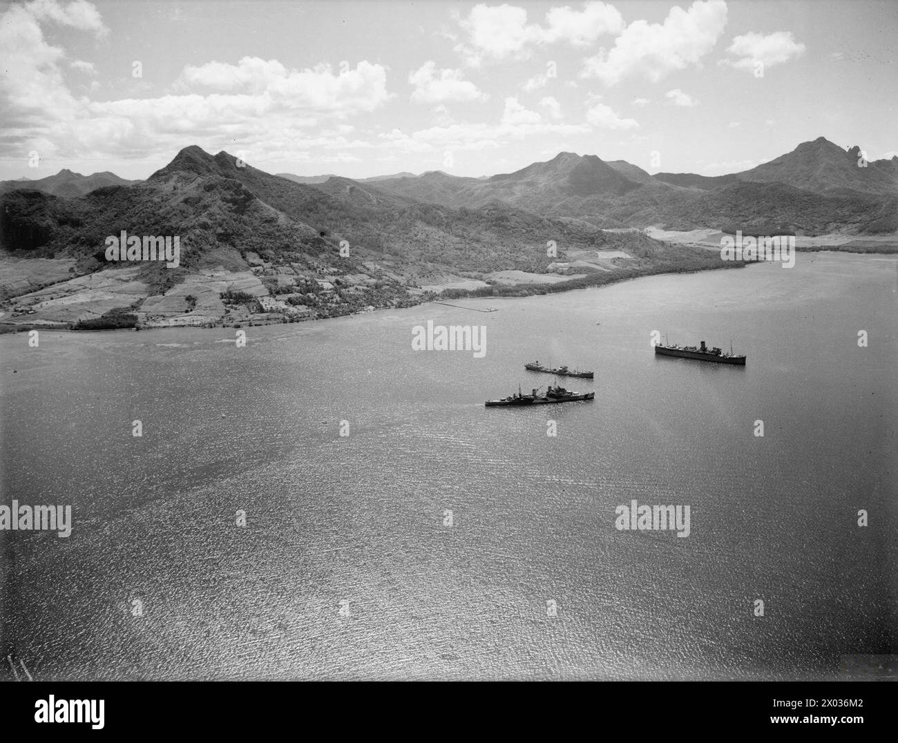 Mouillage Grand Port à Maurice, septembre 1942, montrant le port et les navires amarrés. Banque D'Images
