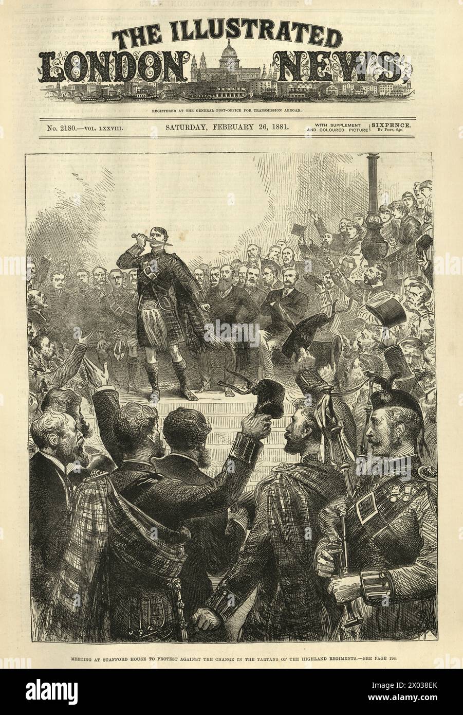 Illustration vintage de réunion à Stafford House pour protester contre le changement dans les tartans des Highland Regiments, victorien, années 1880 19ème siècle Banque D'Images