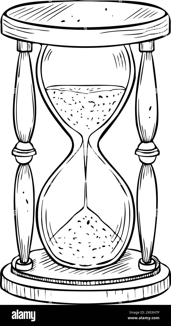Illustration vectorielle de sablier. Dessin de Sandglass antique peint par des encres noires dans le style de contour. Esquisse dessinée à la main d'une horloge de sable vintage. Gravure du sablier rétro. Gravure de la vieille minuterie. Illustration de Vecteur