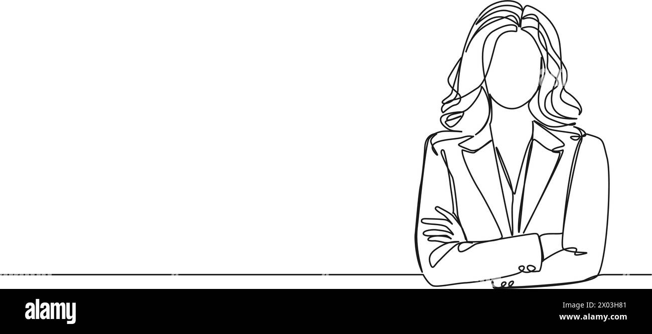 dessin simple continu de femme confiante en tenue d'affaires, bras croisés, illustration vectorielle d'art de ligne Illustration de Vecteur