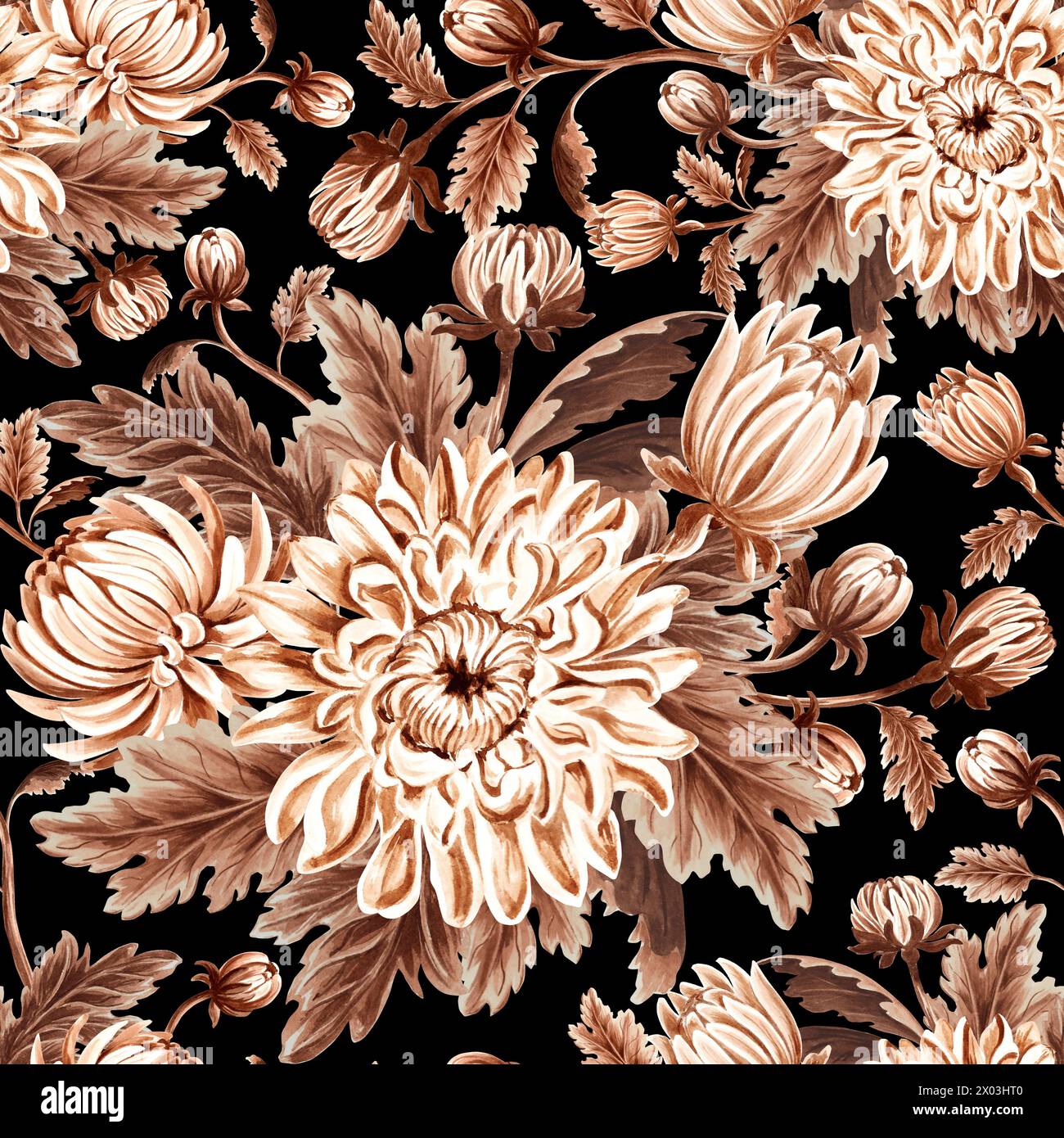 Modèle sans couture monochrome de chrysanthème avec des feuilles sur fond sombre. Illustration d'aquarelle dessinée à la main de couleur brune. Fleurs de jardin. Templat Banque D'Images