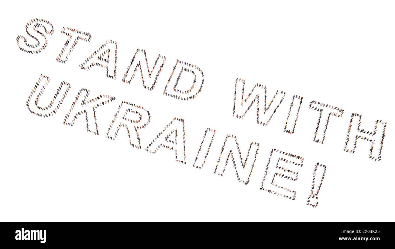 Conceptuel grande communauté de personnes formant STAND AVEC L'UKRAINE message . 3d illustration métaphore de la solidarité, de la coopération, de la compassion, de la gentillesse Banque D'Images