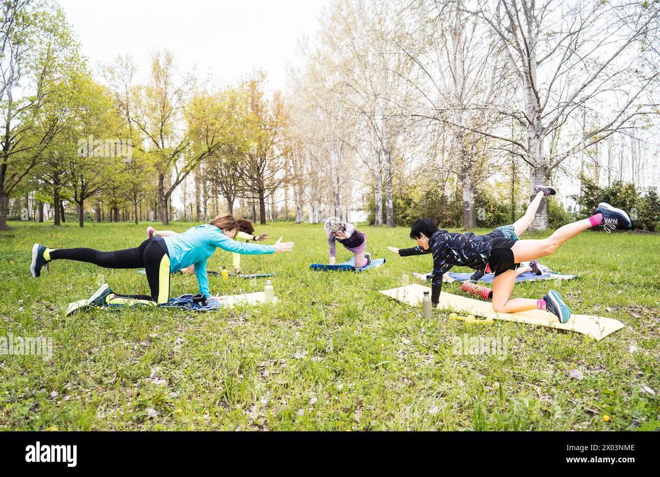 Cours de fitness pour femmes matures, baby-boomers et gen x s'unissent pour des exercices de santé et d'équilibre dans un parc serein. Dynamiser l'activité de groupe dans la nature showca Banque D'Images