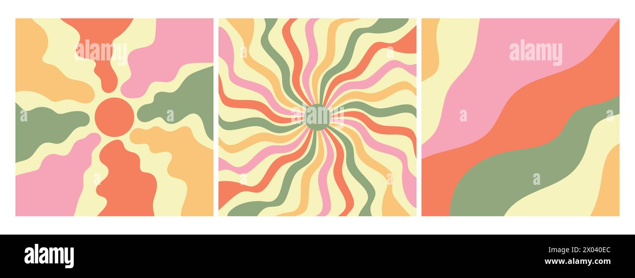 Arrière-plans rétro groovy. Sunburst, fleur et vagues. Hippie 60s, style 70s. Illustration vectorielle Illustration de Vecteur