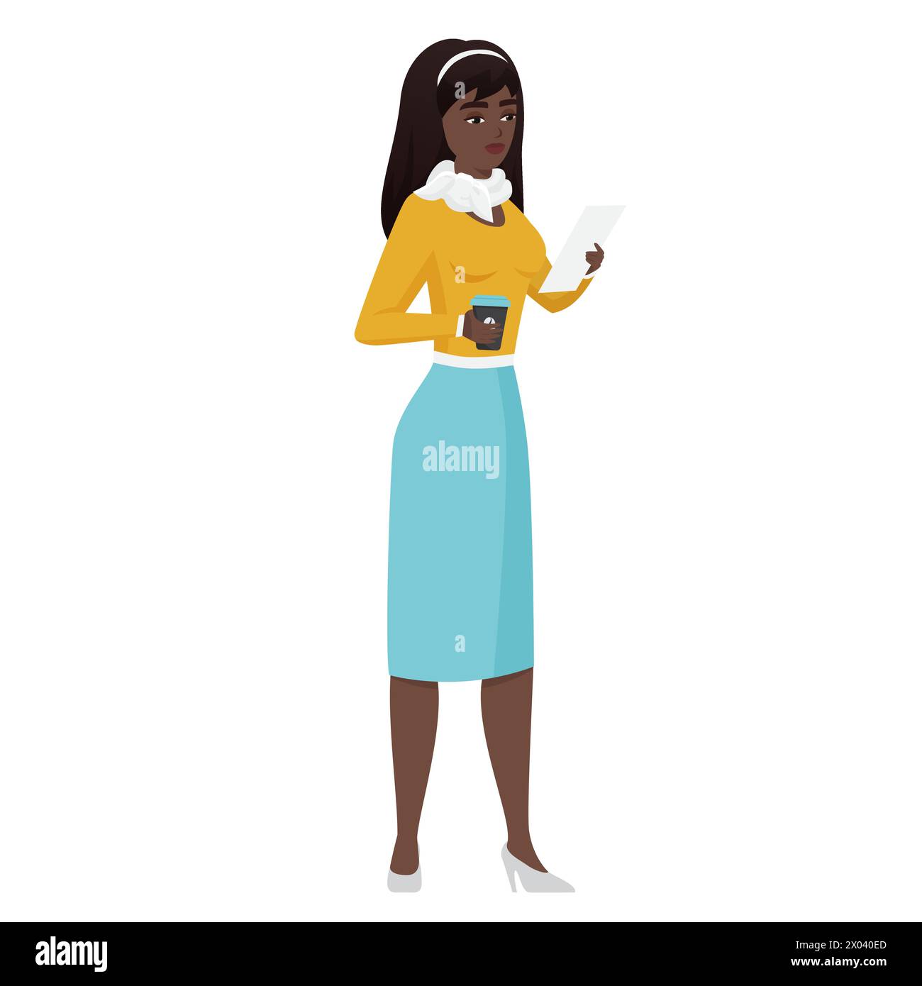 Femme dans des vêtements formels tenant la tasse de café et l'illustration vectorielle de document de papier Illustration de Vecteur