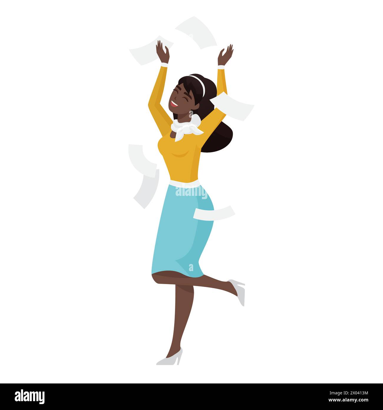 Enseignant excité, conseiller en affaires féminin ou commis jetant vers le haut de documents papier illustration vectorielle Illustration de Vecteur
