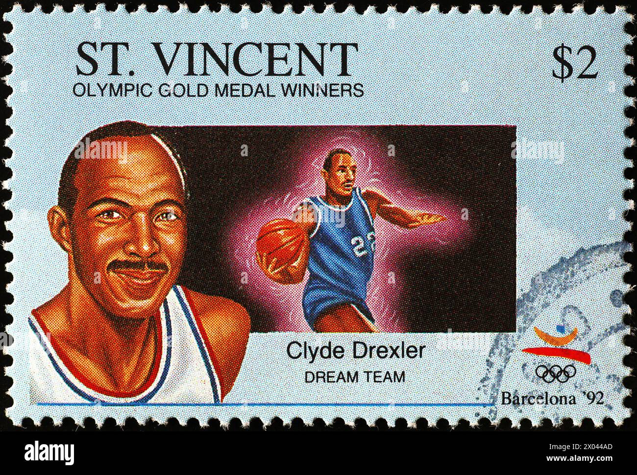 Clyde Drexler, membre de l'équipe de rêve, sur timbre-poste Banque D'Images