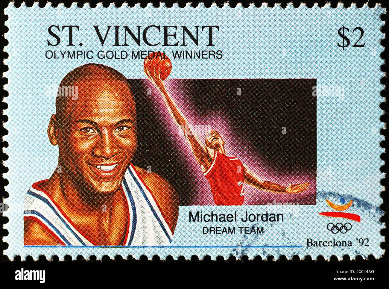 Michael Jordan, membre de l'équipe de rêve, sur timbre-poste Banque D'Images