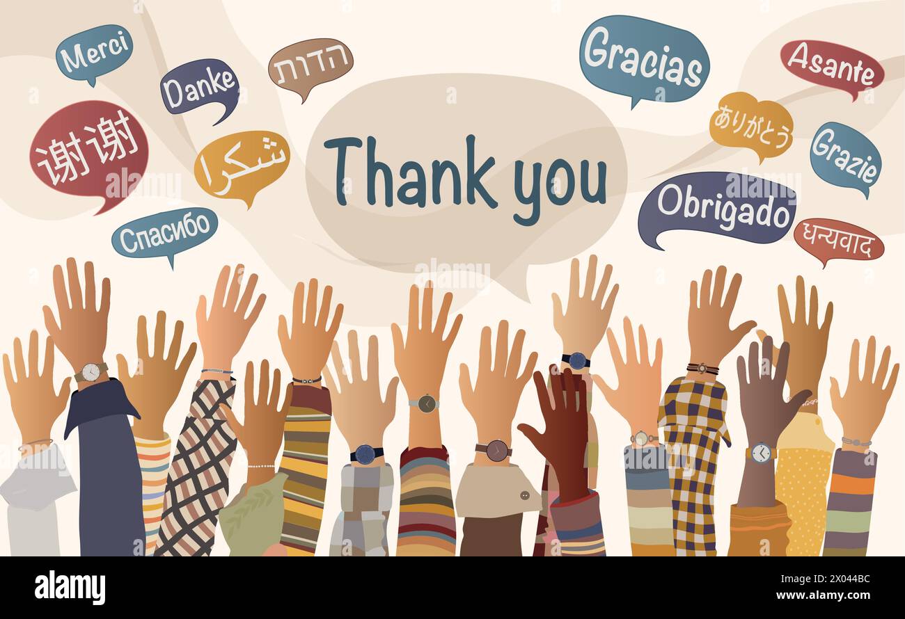 Main levée de personnes multiculturelles de différentes Nations et continents avec des bulles de discours avec du texte -merci- dans différentes langues internationales Illustration de Vecteur
