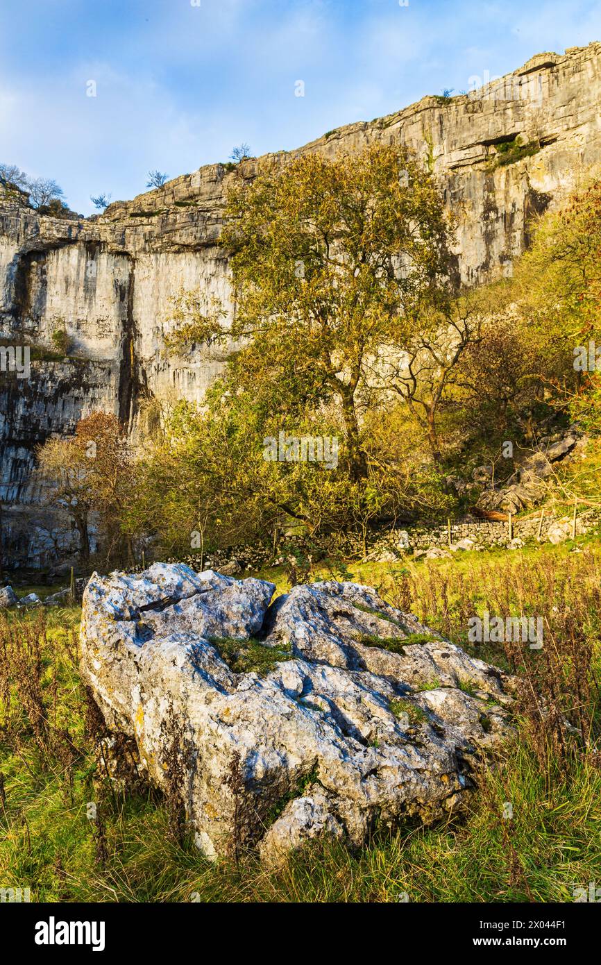 Malham Cove est une grande formation de calcaire courbe à 0,6 miles (1 km) au nord du village de Malham. Il a été formé par une cascade transportant de l'eau de fonte fr Banque D'Images