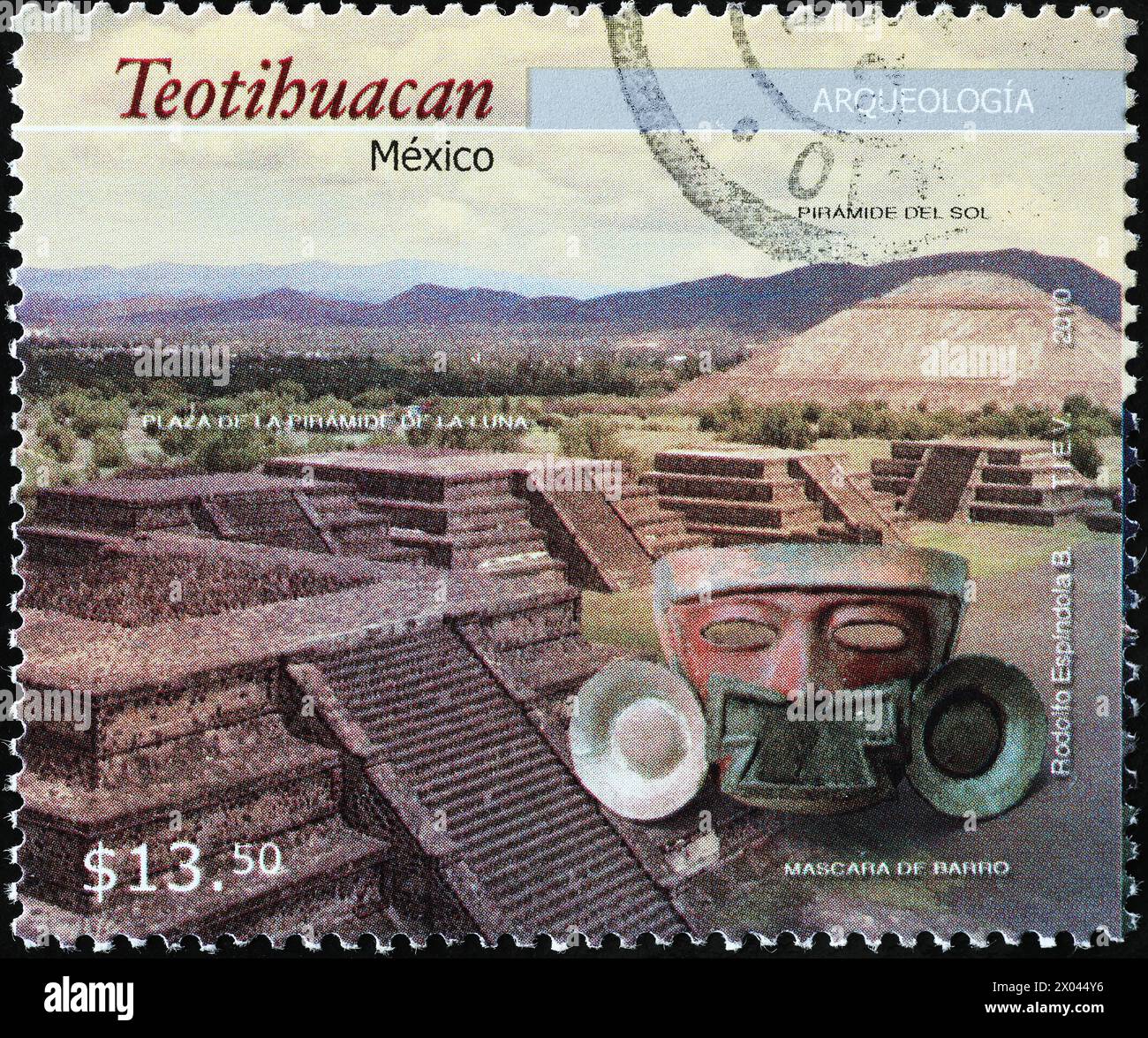 Masque de boue trouvé à Teotihuacan sur timbre-poste mexicain Banque D'Images