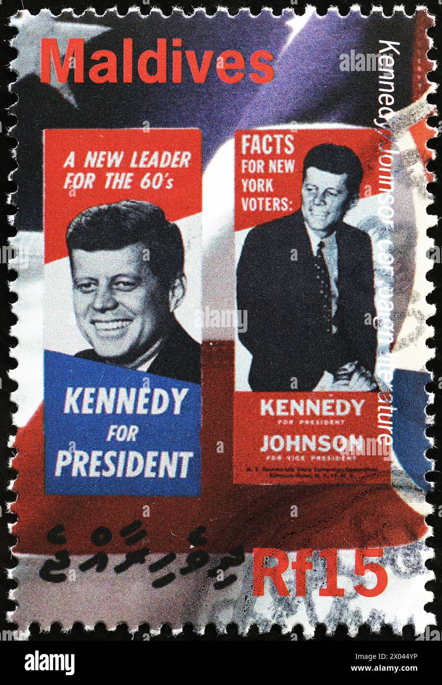 Vieilles affiches pour la campagne présidentielle de JFK sur timbre Banque D'Images