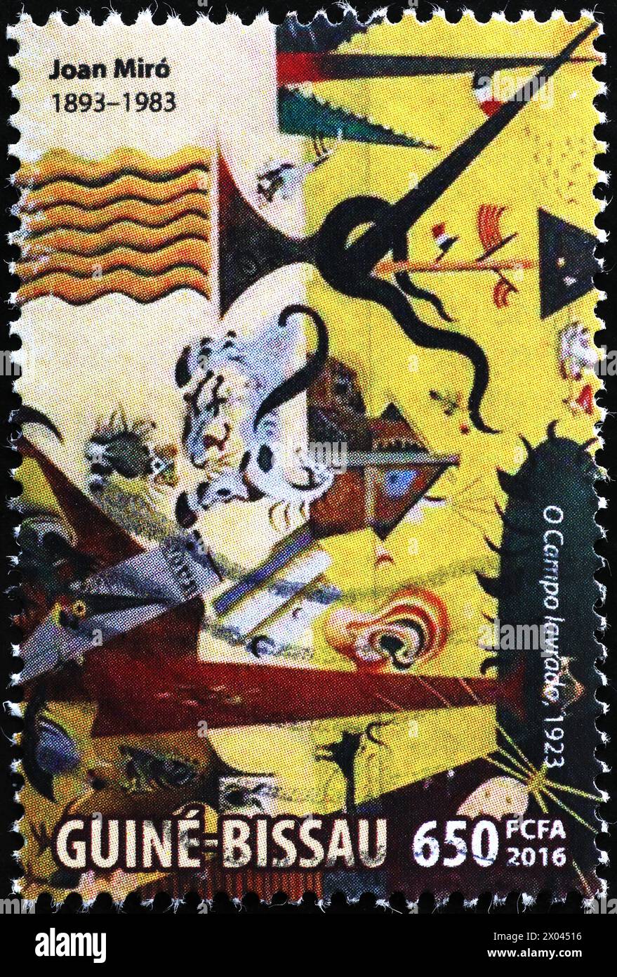 Tableau de Joan Mirò sur timbre de Guinée Bissau Banque D'Images