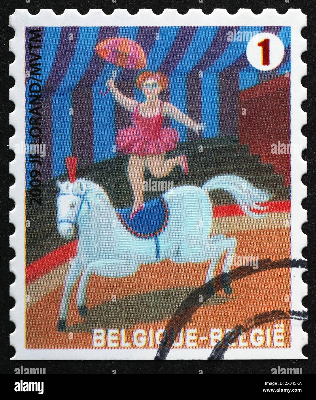 Acrobate cavalière dans un cirque sur un timbre-poste belge Banque D'Images