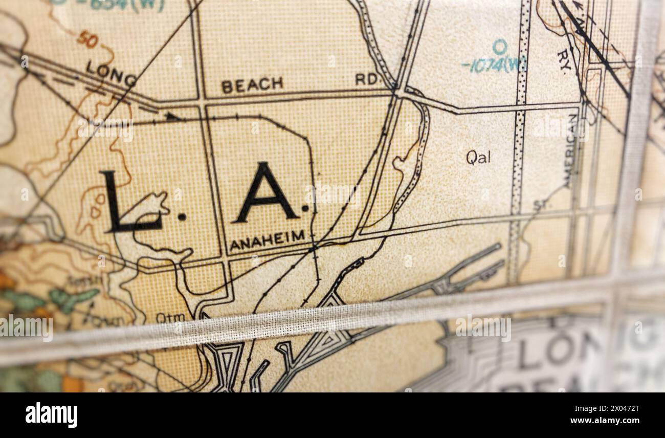 Carte de Los Angeles, Californie, vue détaillée en gros plan montrant long Beach et Anaheim, carte à l'ancienne de L.A. Banque D'Images