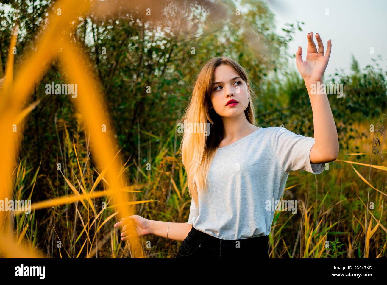 Belle jeune fille portant un t-shirt gris vierge et un Jean noir posant contre l'herbe haute verte et jaune au début de l'automne chaud. Banque D'Images