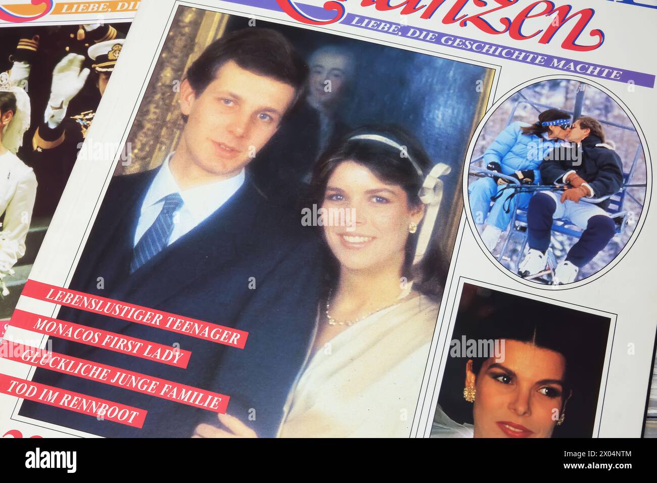Viersen, Allemagne - 9 mars. 2024 : gros plan sur la couverture d'un magazine allemand avec une histoire de romance royale entre la princesse Caroline de Monaco et Stefano CA Banque D'Images