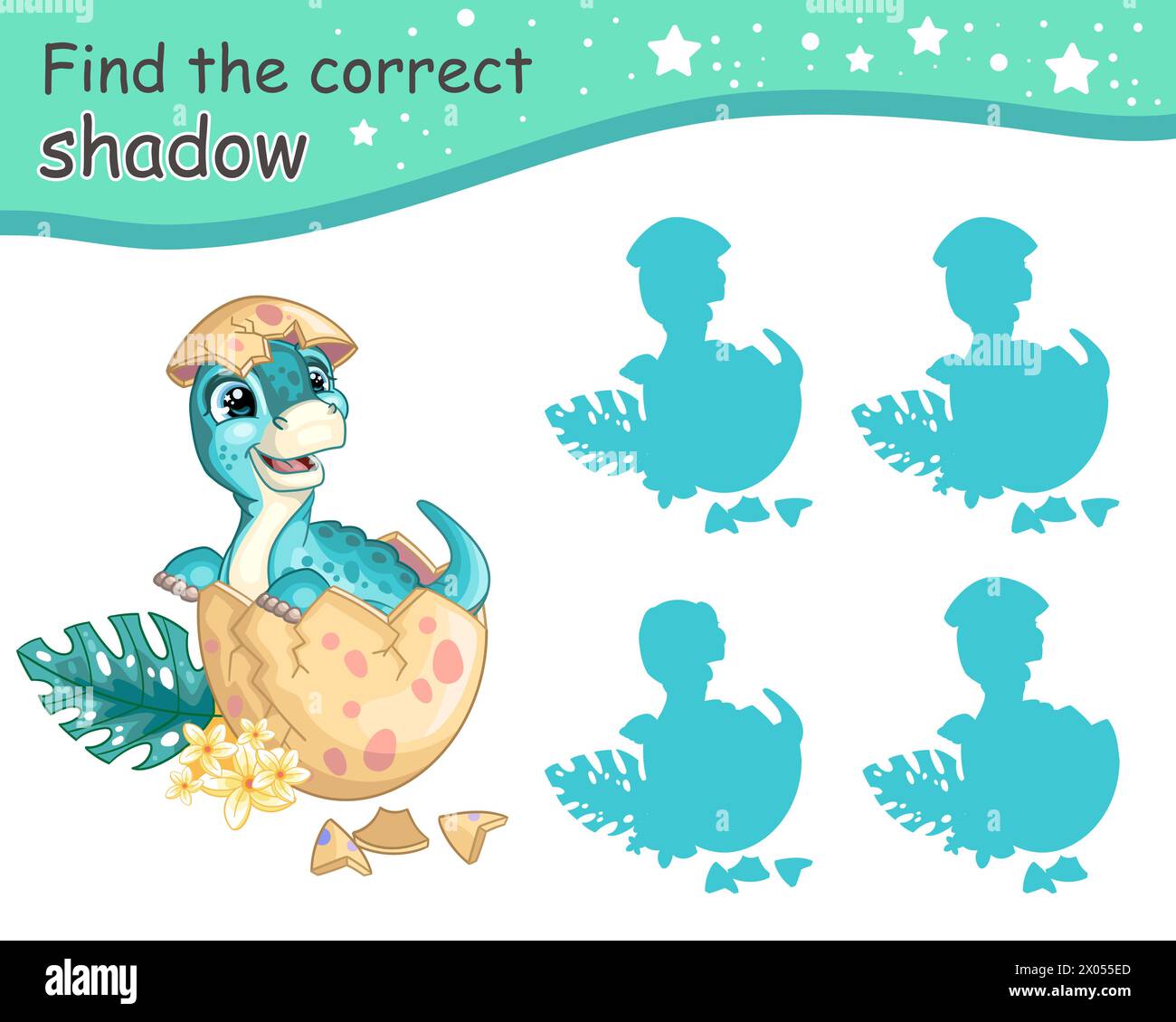 Trouvez l'ombre correcte. Mignon dessin animé bébé brontosaurus dinosaure. Jeu d'appariement éducatif pour les enfants avec personnage de dessin animé. Activité, jeu de logique, lea Illustration de Vecteur