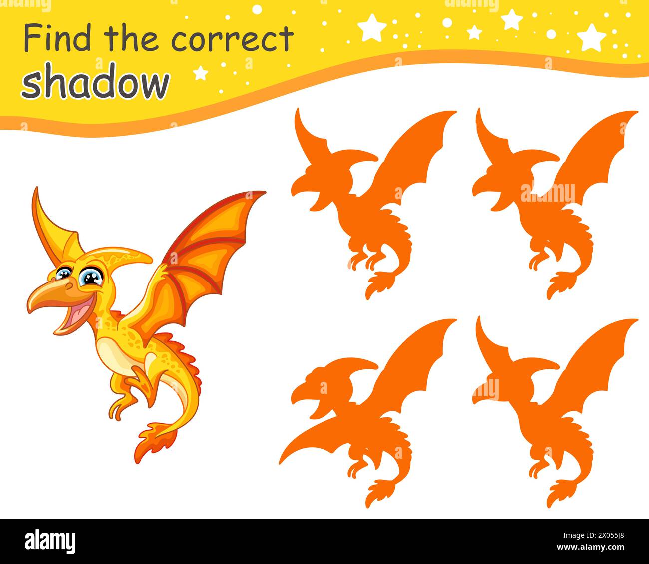 Trouvez l'ombre correcte. Dinosaure ptérodactyle de dessin animé mignon. Jeu d'appariement éducatif pour les enfants avec personnage de dessin animé. Activité, jeu de logique, apprentissage Illustration de Vecteur
