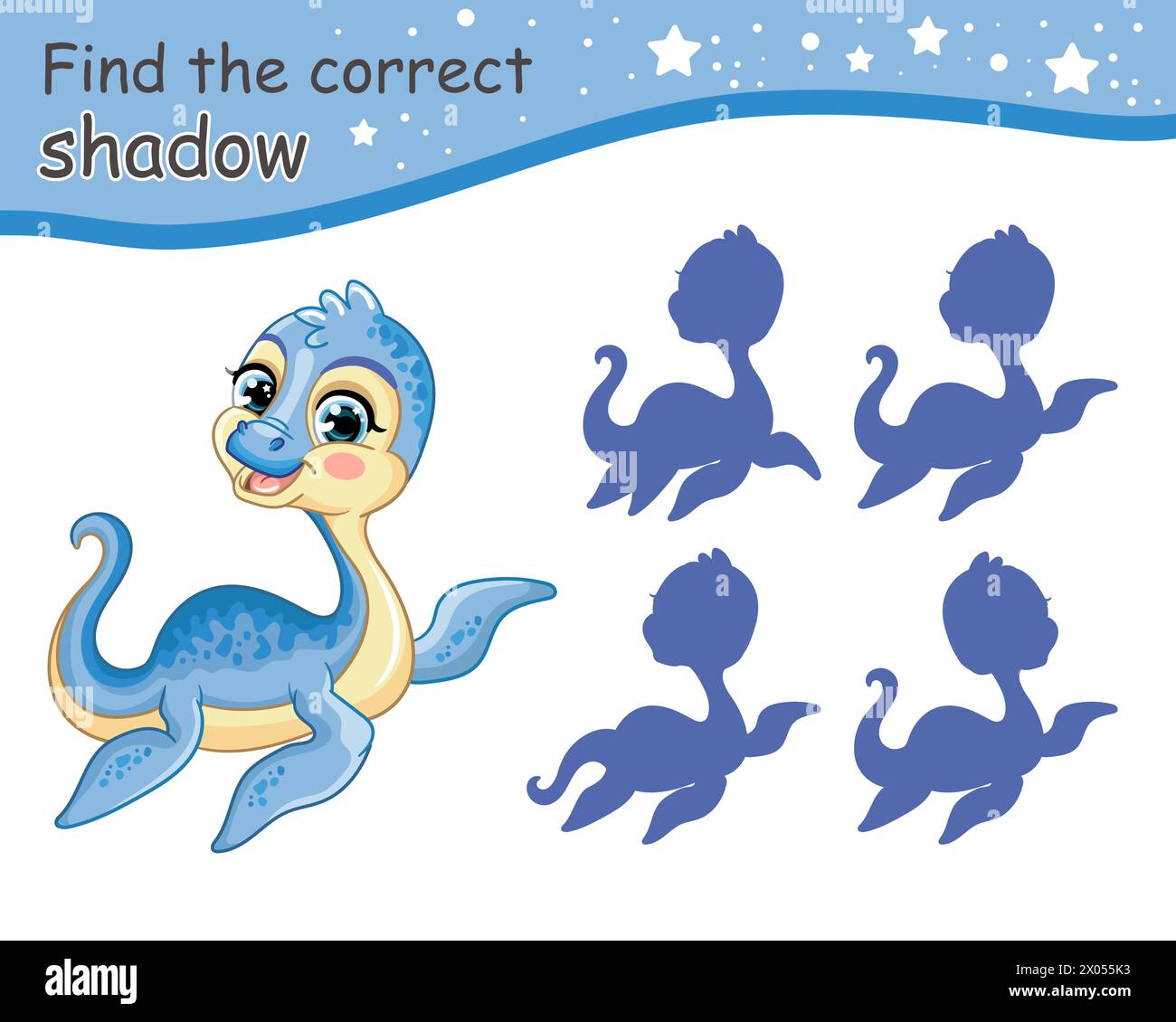 Trouvez l'ombre correcte. Mignon dessin animé bébé plesiosaurus dinosaure. Jeu d'appariement éducatif pour les enfants avec personnage de dessin animé. Activité, jeu de logique, lea Illustration de Vecteur