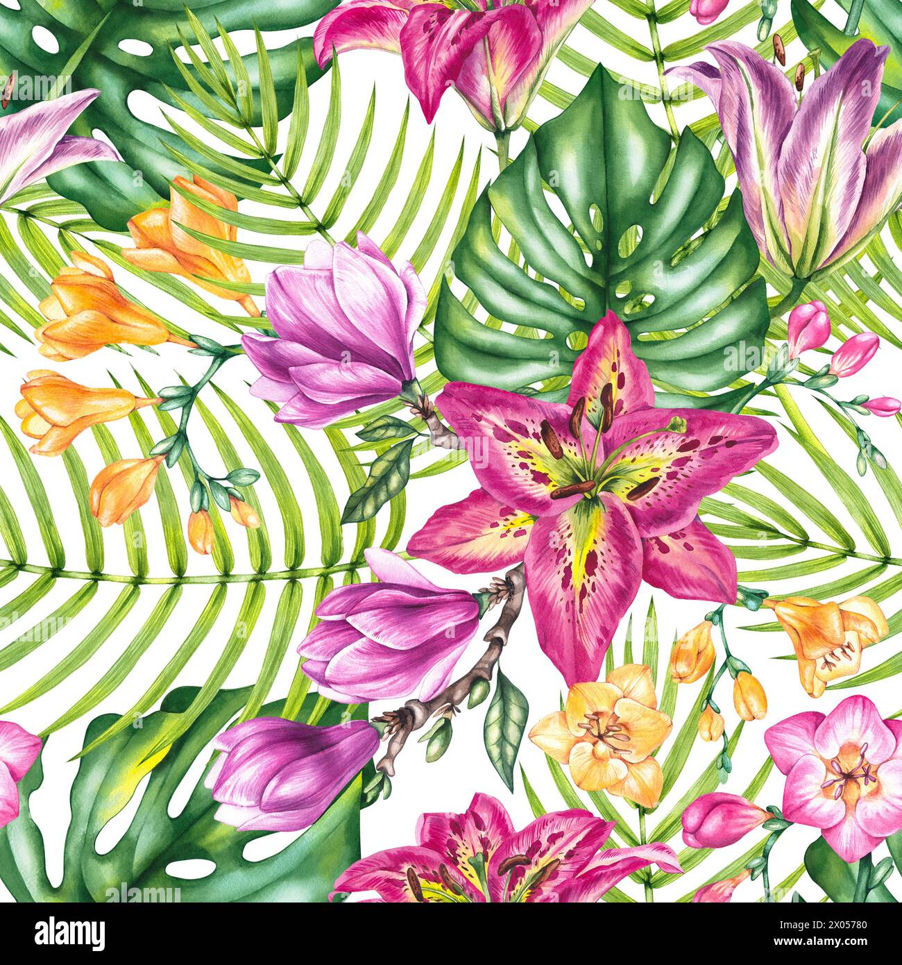 Motif tropical aquarelle avec fleurs, feuilles de palmier, monstera. Aquarelle sans couture motif botanique avec freesia, magnolia, lis pour la conception du texte Banque D'Images