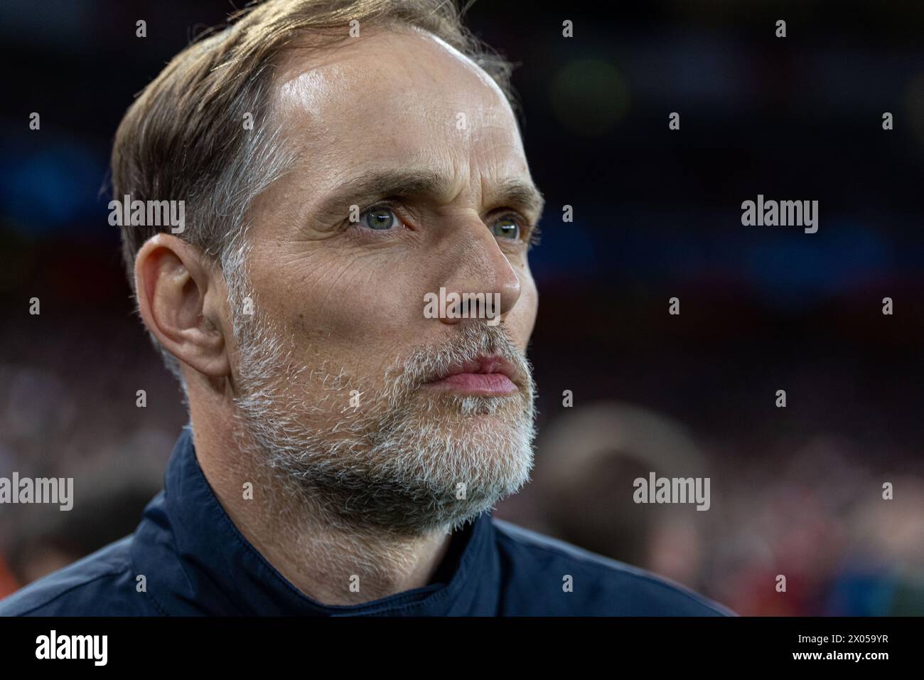 Londres, Royaume-Uni. 10 avril 2024. L'entraîneur-chef du Bayern Munich, Thomas Tuchel, est vu lors du match de quart de finale de l'UEFA Champions League 1st Leg entre le Bayern Munich et Arsenal à Londres, en Grande-Bretagne, le 9 avril 2024. Crédit : Xinhua/Alamy Live News Banque D'Images