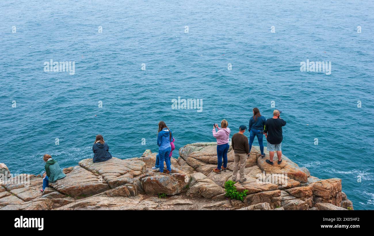 Les touristes apprécient la vue sur l'océan depuis Otter Cliff, Acadia National Park, Mount Desert Island, Maine, États-Unis. Banque D'Images