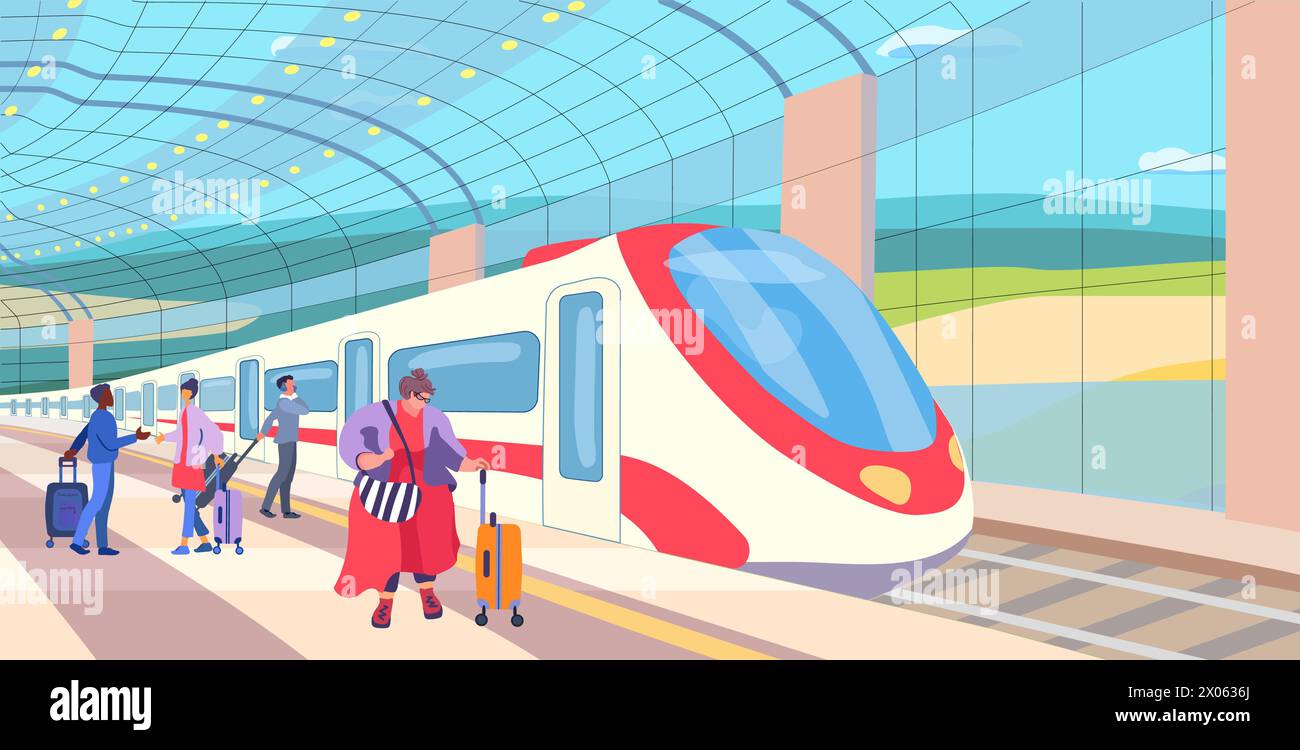 Gare. Station de métro hors sol. Voitures de passagers sur une plate-forme avec personnes. Inclusion humaine. Grosse femme. avec bagages. Réunion. Illustration vectorielle Illustration de Vecteur