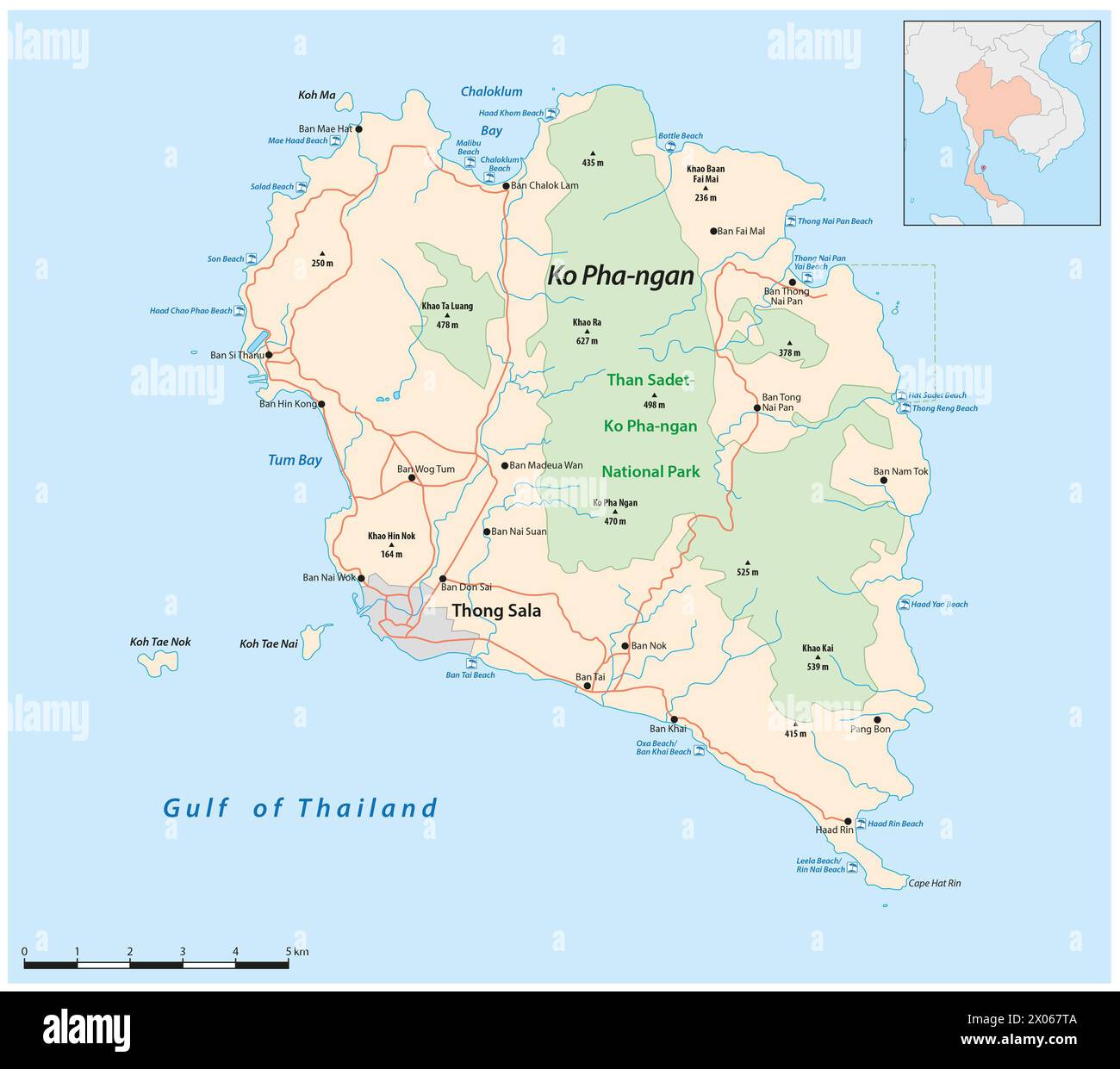 Carte routière vectorielle de l'île thaïlandaise de Ko Pha-ngan Banque D'Images