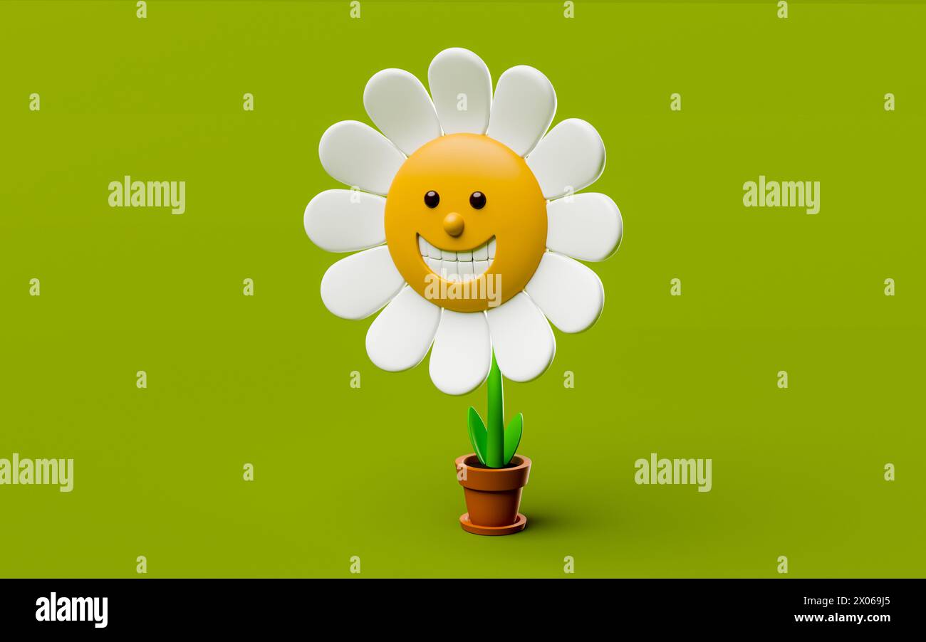 Fleur de dessin animé souriante mignonne dans un pot sur fond vert Banque D'Images